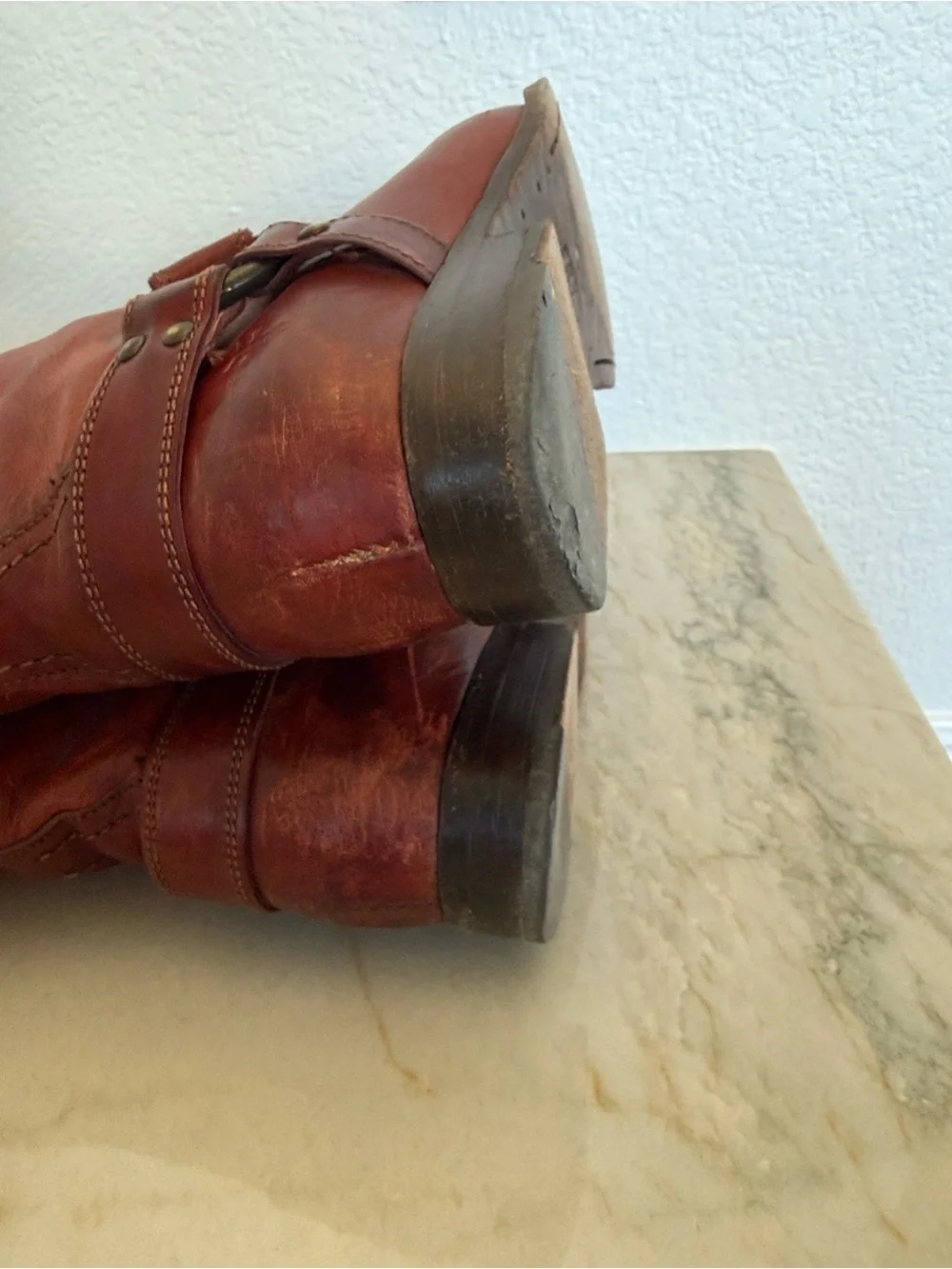 Frye Melissa Harness Leather Riding Boots in a reddish-brown color